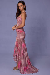 Ruched Asymmetric Corset Gown in Blurred Floral