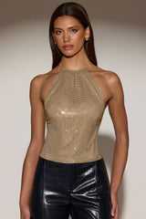 Embellished Halterneck Backless Top in Gold