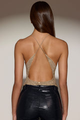 Embellished Halterneck Backless Top in Gold