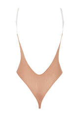 Soft Mesh Invisible Strap Thong Bodysuit in Warm Peach