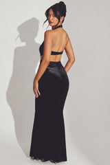 Velvet Halter Neck Maxi Dress in Jet Black