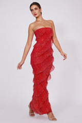 Embellished Bandeau Ruffle Maxi Dress in Fire Red