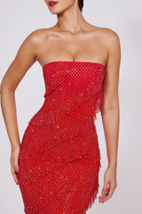 Embellished Bandeau Ruffle Maxi Dress in Fire Red