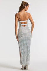 Embellished Square Neck Thigh Split Gown in Silver