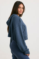 Chunky Knit Zip-Up Cropped Hoodie in Washed Navy