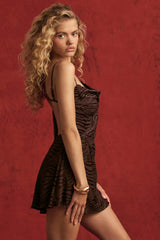 Devoré One-Sleeve A-Line Mini Dress in Dark Chocolate