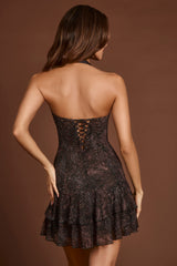 Embellished Halterneck A-line Mini Dress in Snake Hotfix