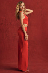 Textured Jersey Asymmetric Maxi Dress in Chilli Red
