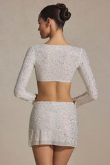 Embellished Long-Sleeve Crop Top in White