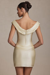 Satin Off-Shoulder Draped Mini Dress in Ivory