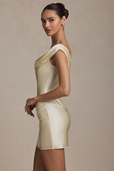 Satin Off-Shoulder Draped Mini Dress in Ivory