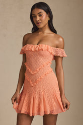 Off-Shoulder Lace A-Line Mini Dress in Peach