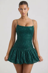 Embellished Bubble Hem Mini Dress in Teal Green