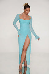 Embellished Cowl Neck Maxi Dress in Aqua