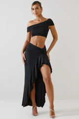 Asymmetric Ruffled Low-Rise Maxi Skirt in Black