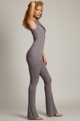 Asymmetric Ruched Flared Jumpsuit in Steel Grey