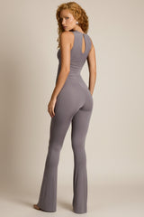 Asymmetric Ruched Flared Jumpsuit in Steel Grey
