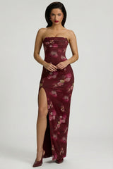 Bandeau Cowl-Neck Maxi Dress in Maroon Floral Print