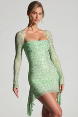 Embellished Draped Cowl-Neck Mini Dress in Pistachio