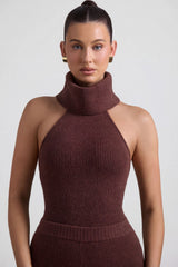 Ribbed-Knit Turtleneck Backless Top in Espresso