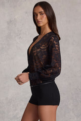 Sheer Lace Plunge-Neck Playsuit in Black
