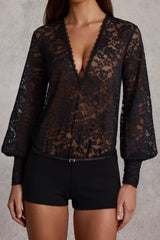 Sheer Lace Plunge-Neck Playsuit in Black