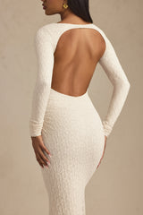 Ruched Backless Lace Maxi Dress in Ivory