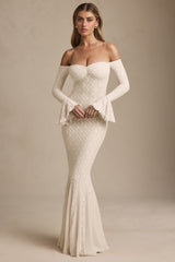 Off-Shoulder Ruffle Lace Maxi Dress in Ivory
