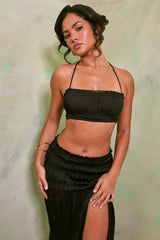Shirred Halter Neck Crop Top in Black