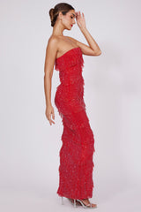 Embellished Bandeau Ruffle Maxi Dress in Fire Red