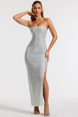 Embellished Square Neck Thigh Split Gown in Silver