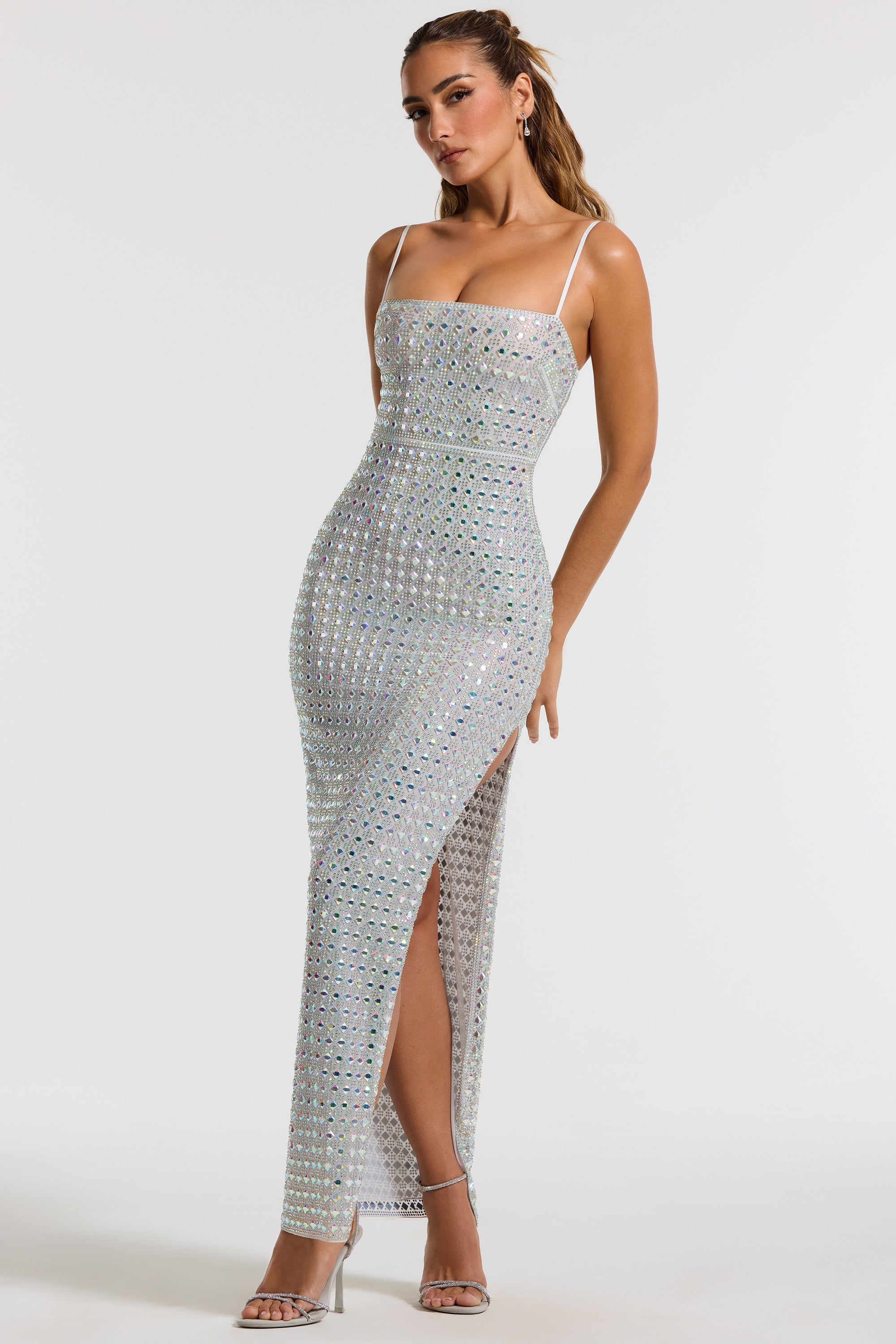Embellished Square Neck Thigh Split Gown in Silver