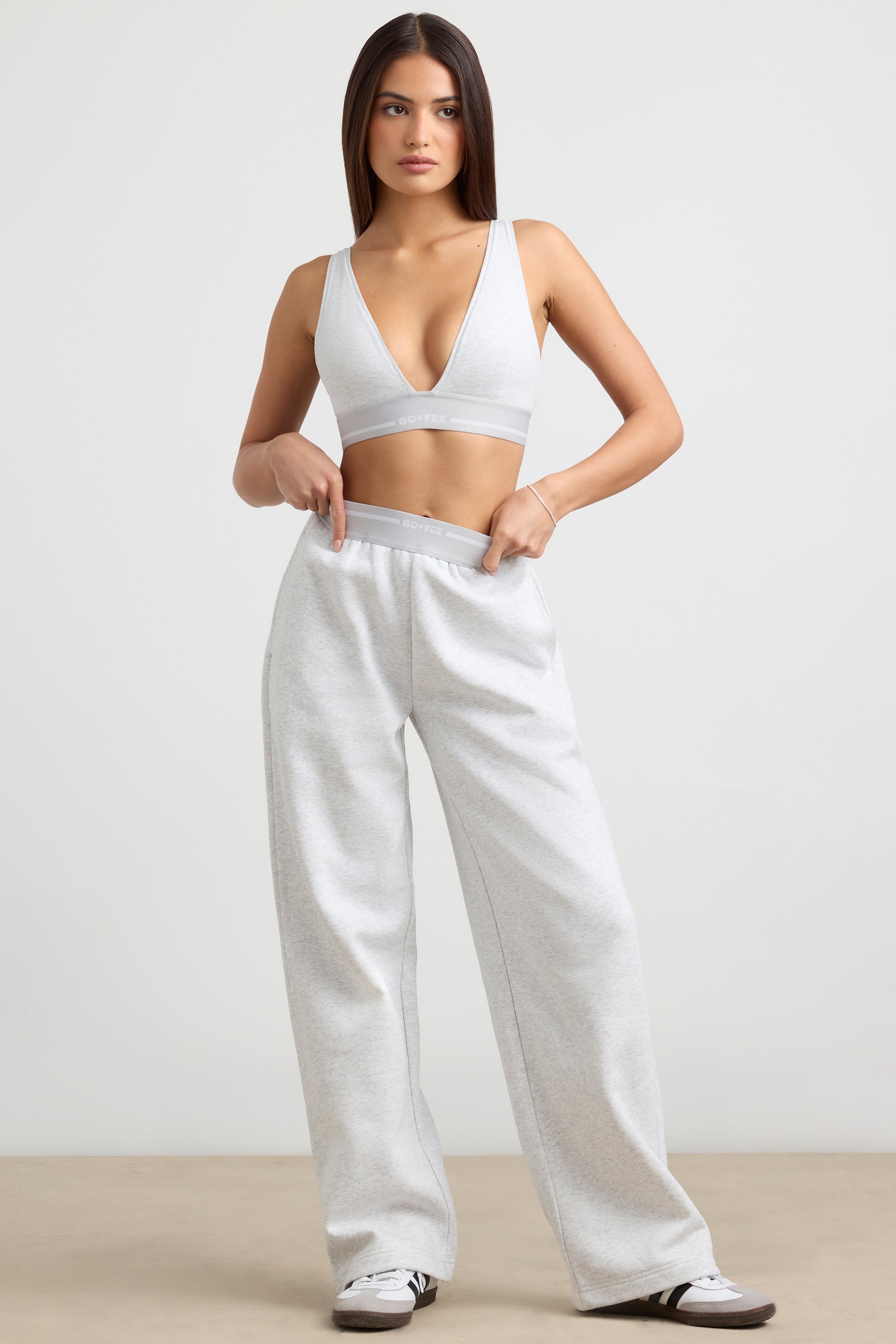 Heavyweight Stretch Cotton Fleece High-Waist Joggers in Grey Marl