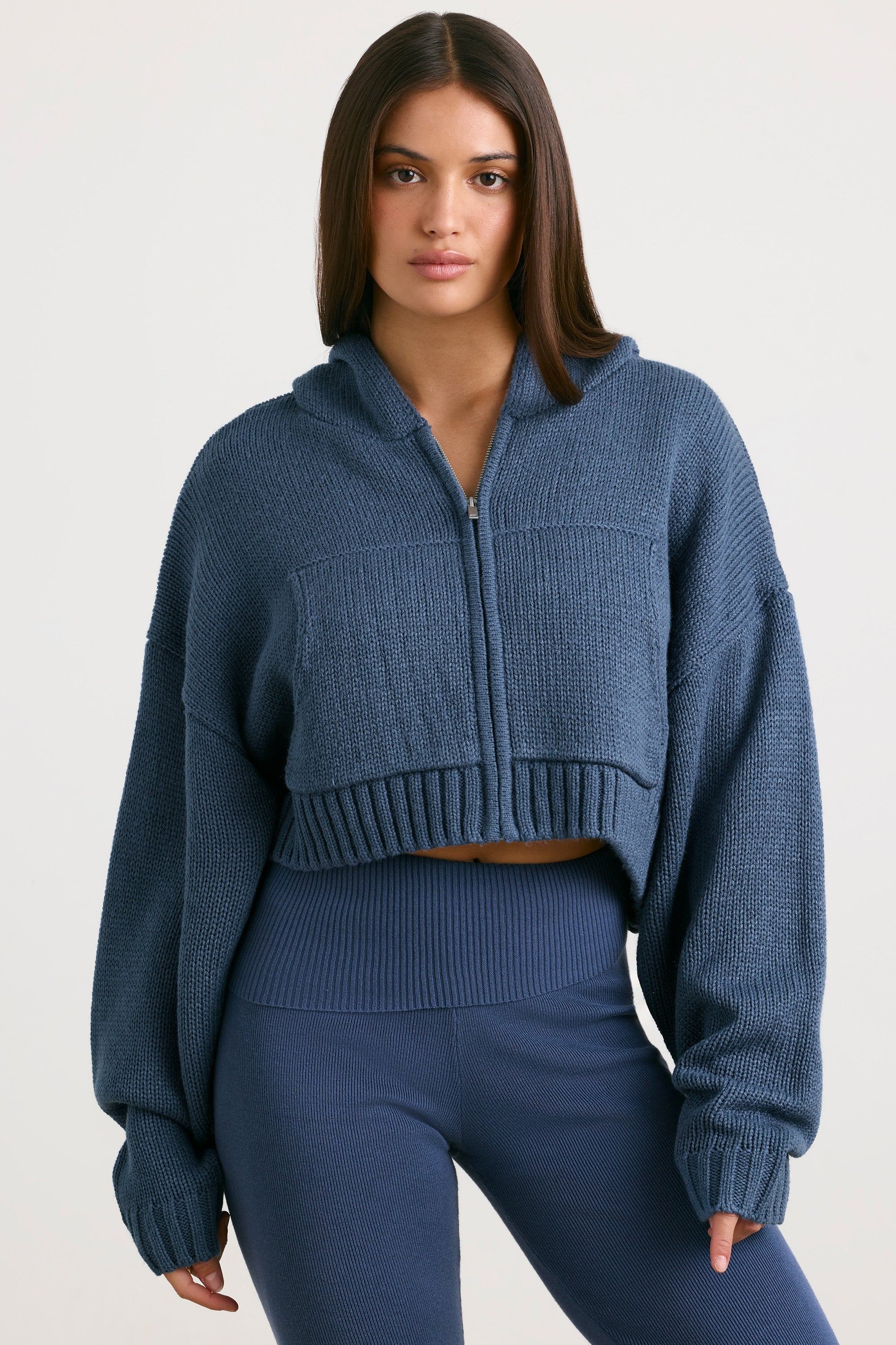 Chunky Knit Zip-Up Cropped Hoodie in Washed Navy