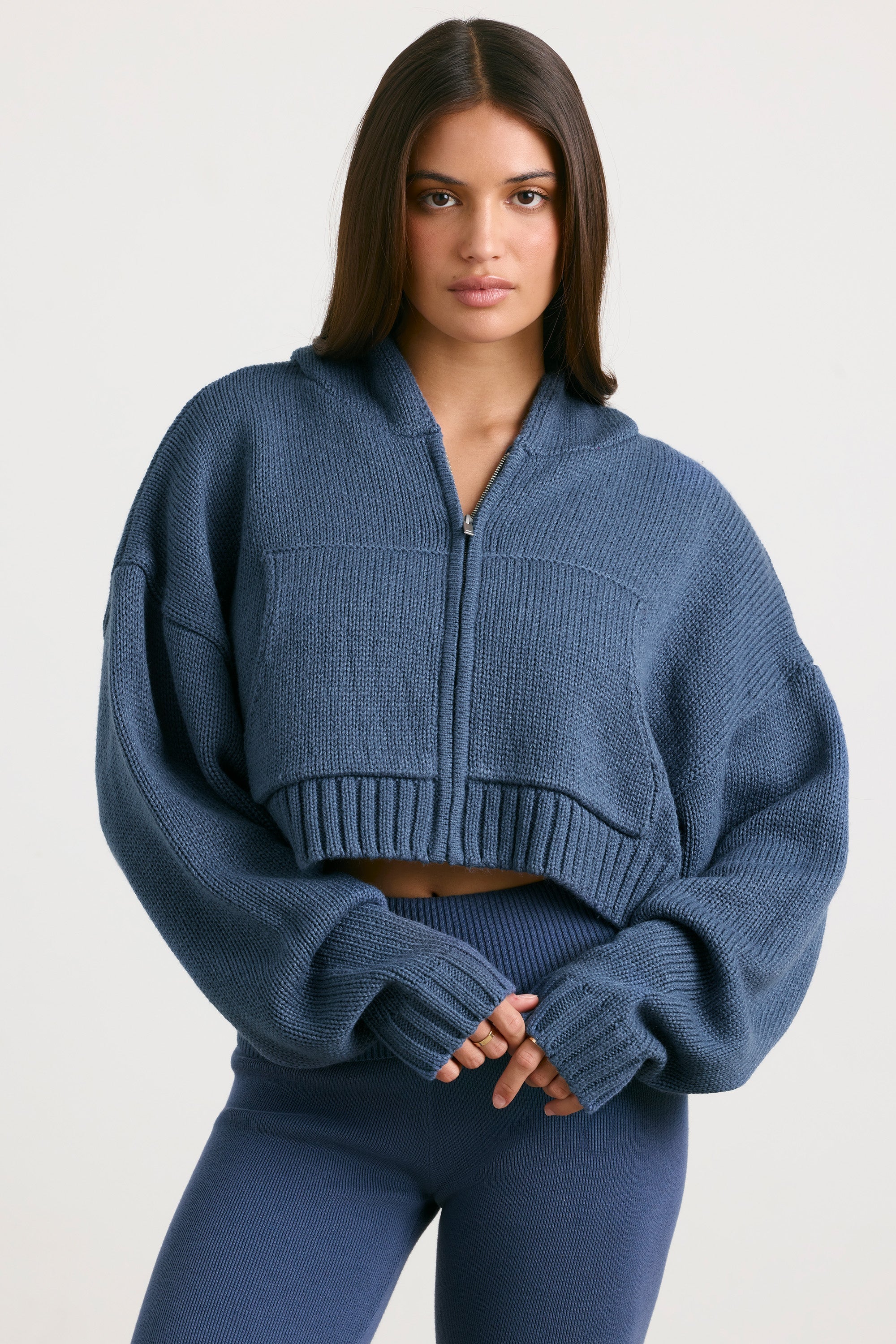 Chunky Knit Zip-Up Cropped Hoodie in Washed Navy