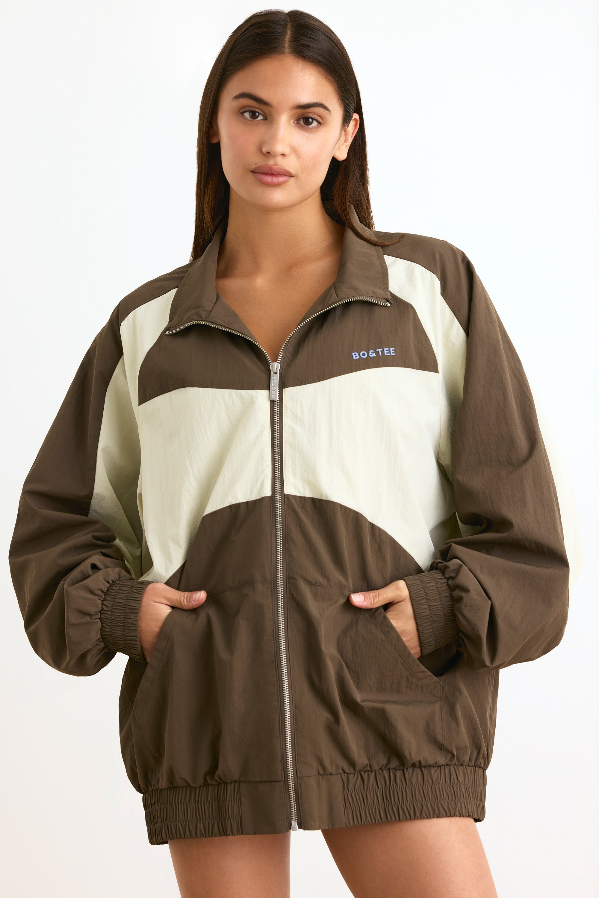 Water-Repellent Colourblock Track Jacket in Espresso