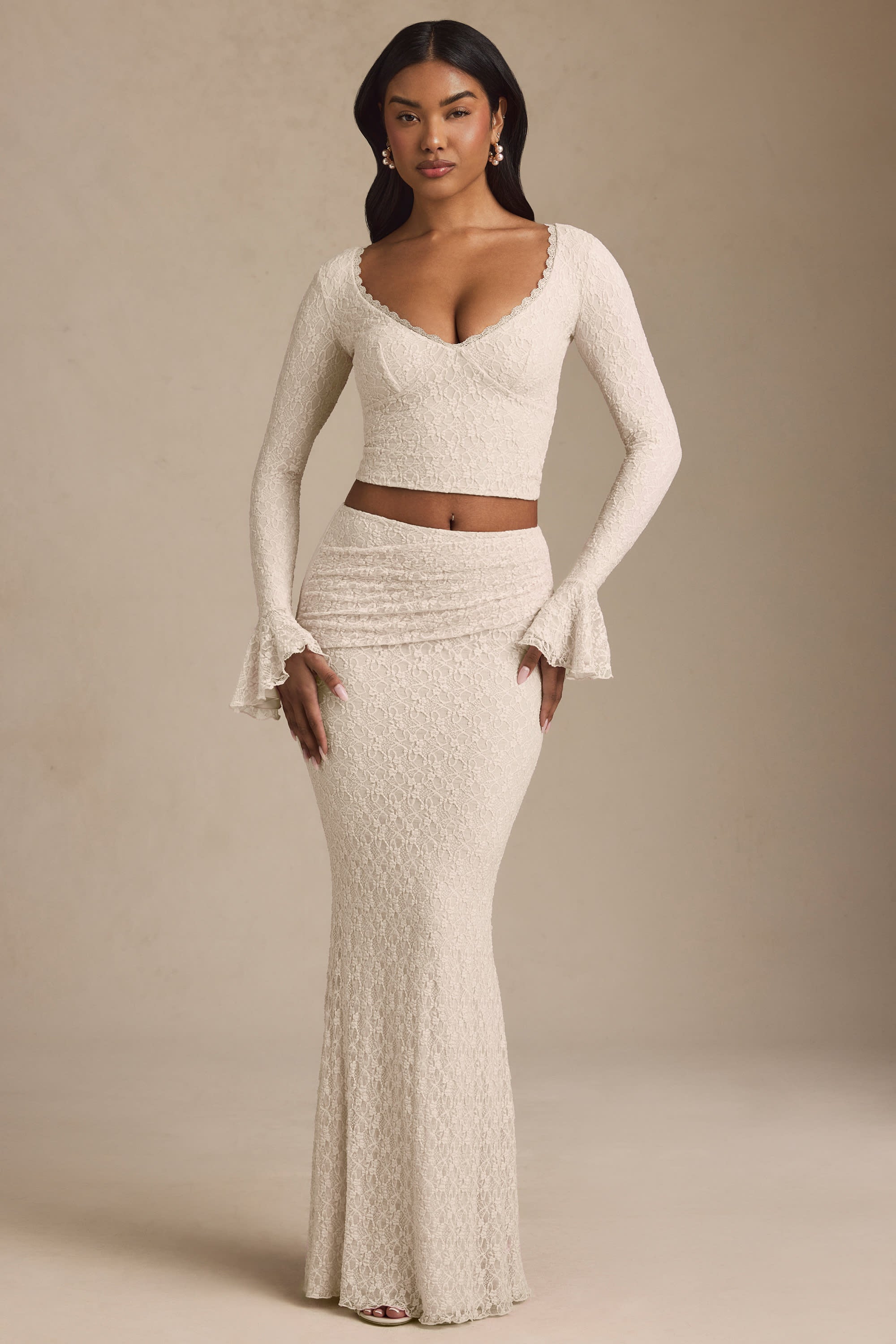 Ruffle Long-Sleeve Lace Top in Ivory