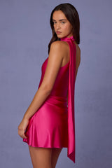 Asymmetric Scarf-Detail Mini Dress in Hot Pink