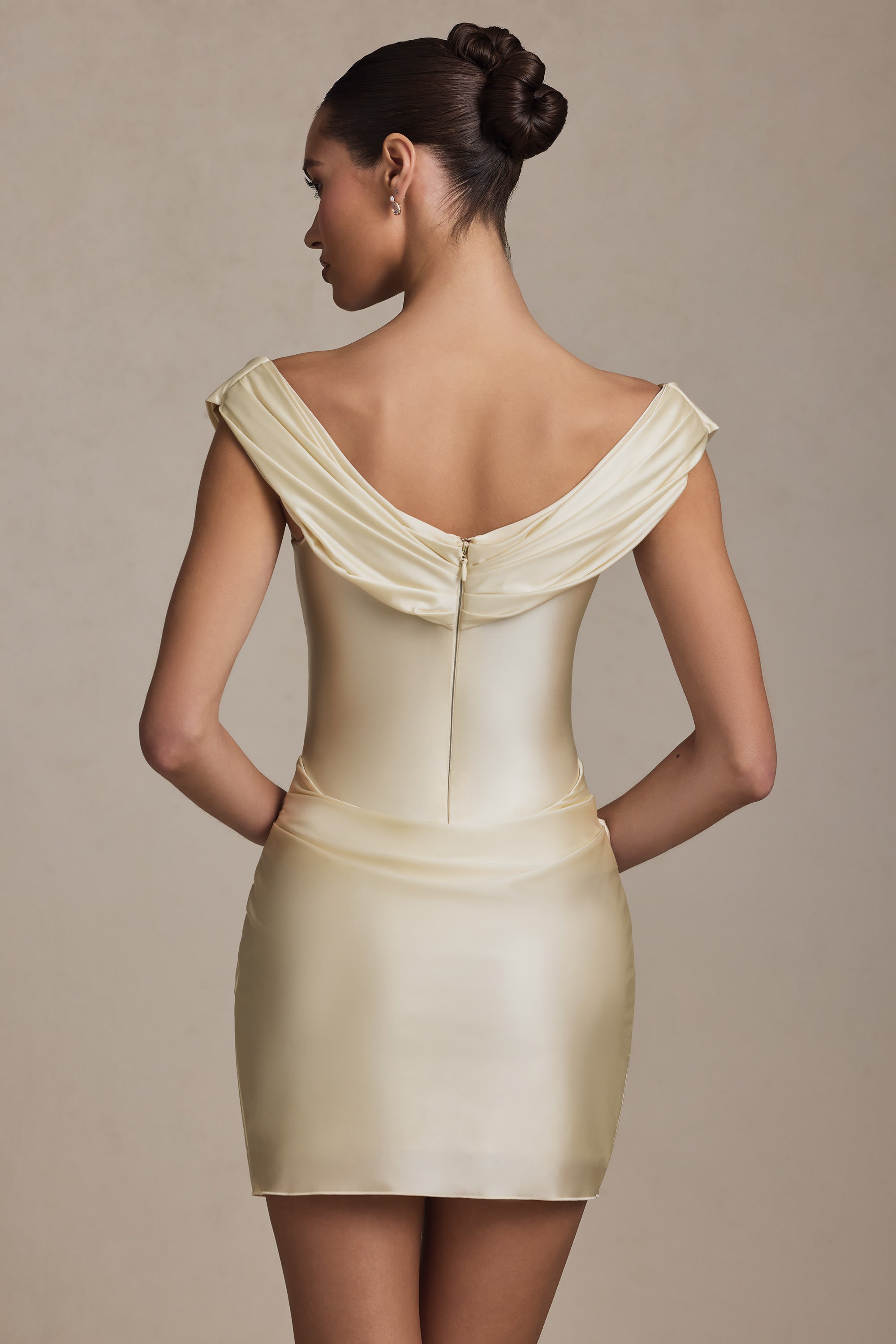 Satin Off-Shoulder Draped Mini Dress in Ivory