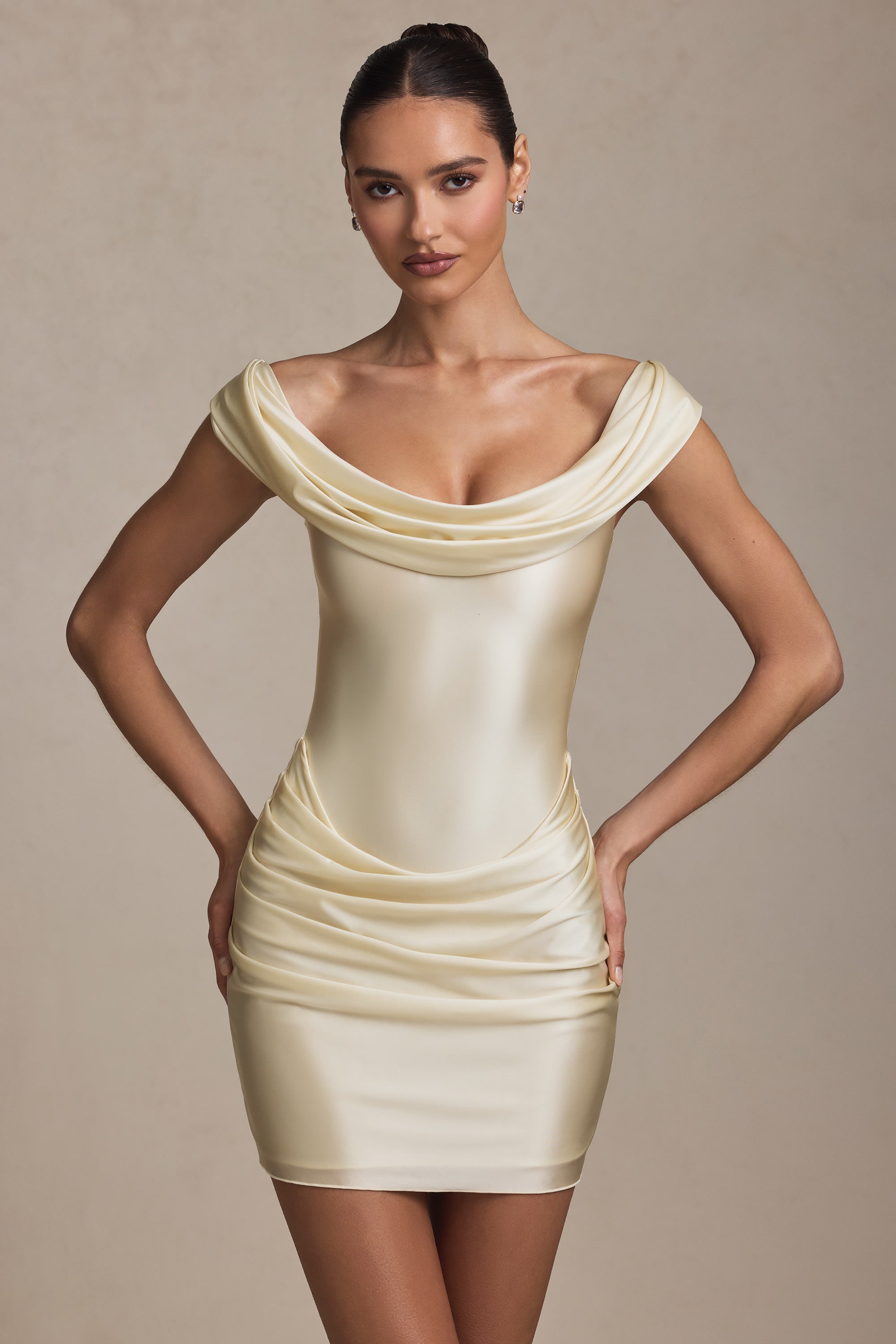 Satin Off-Shoulder Draped Mini Dress in Ivory