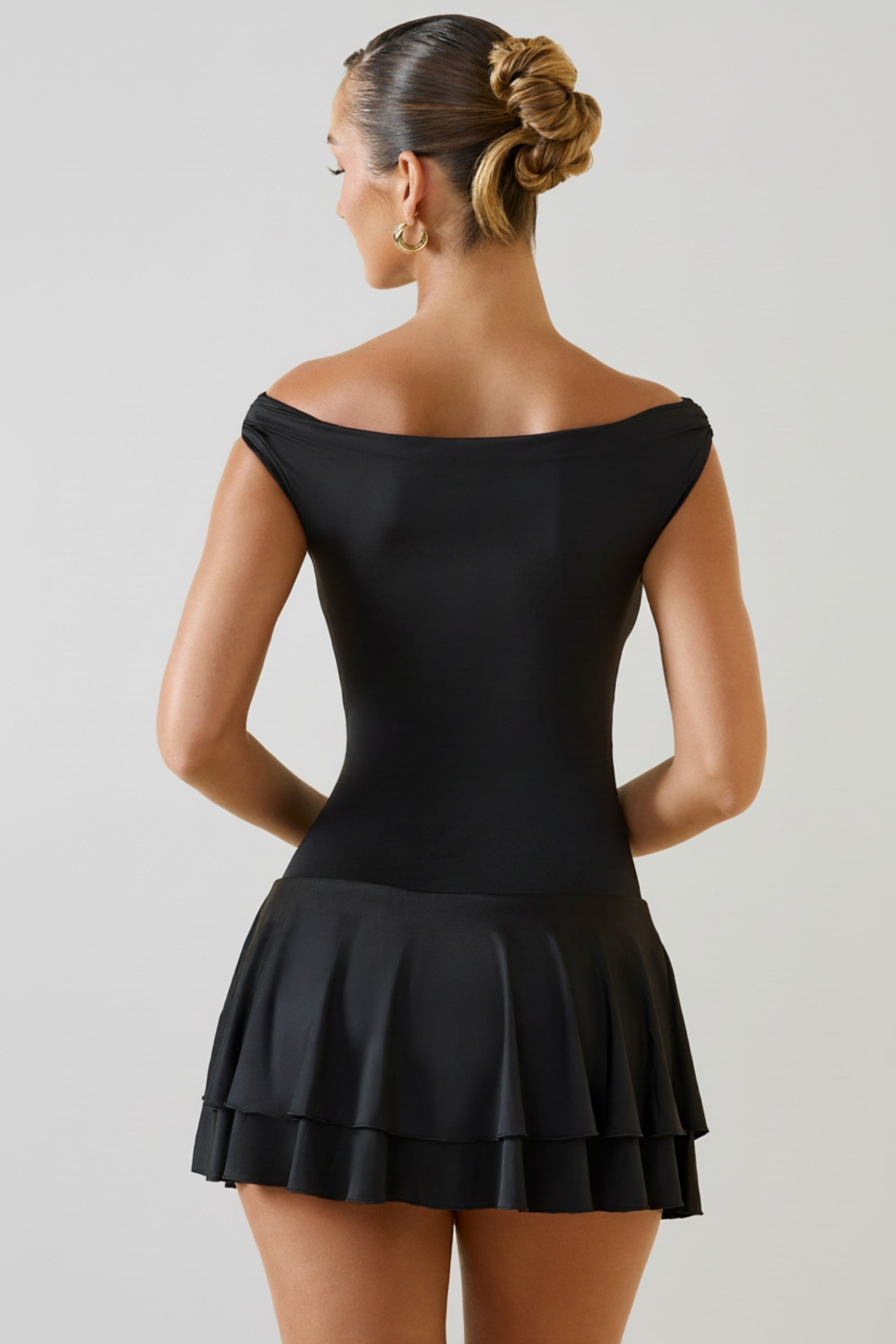 Off-Shoulder Ruffled Mini Dress in Black