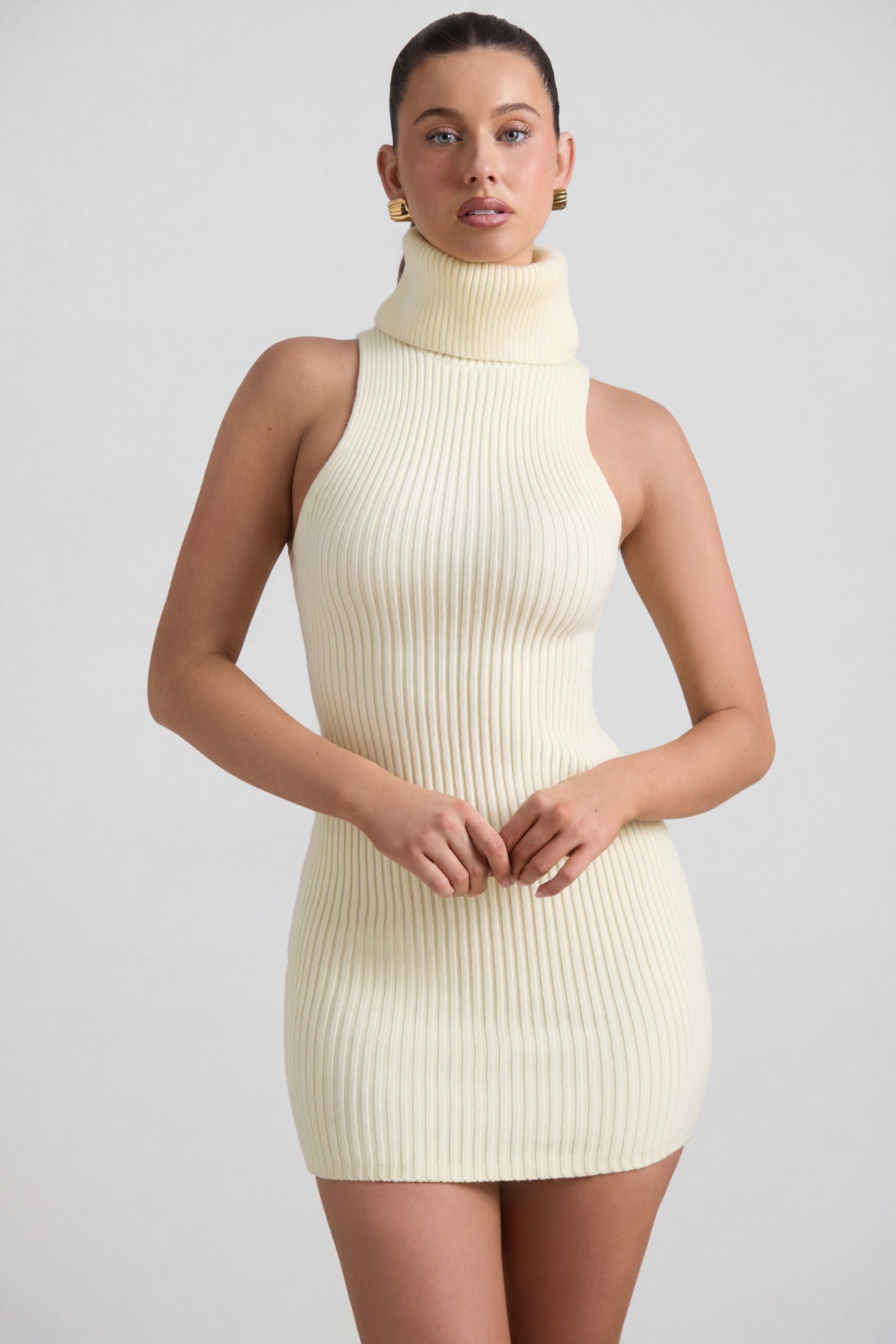 Ribbed-Knit Turtleneck Mini Dress in Butter Yellow