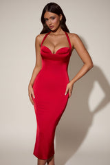 Layered Halterneck Bodycon Midi Dress in Red