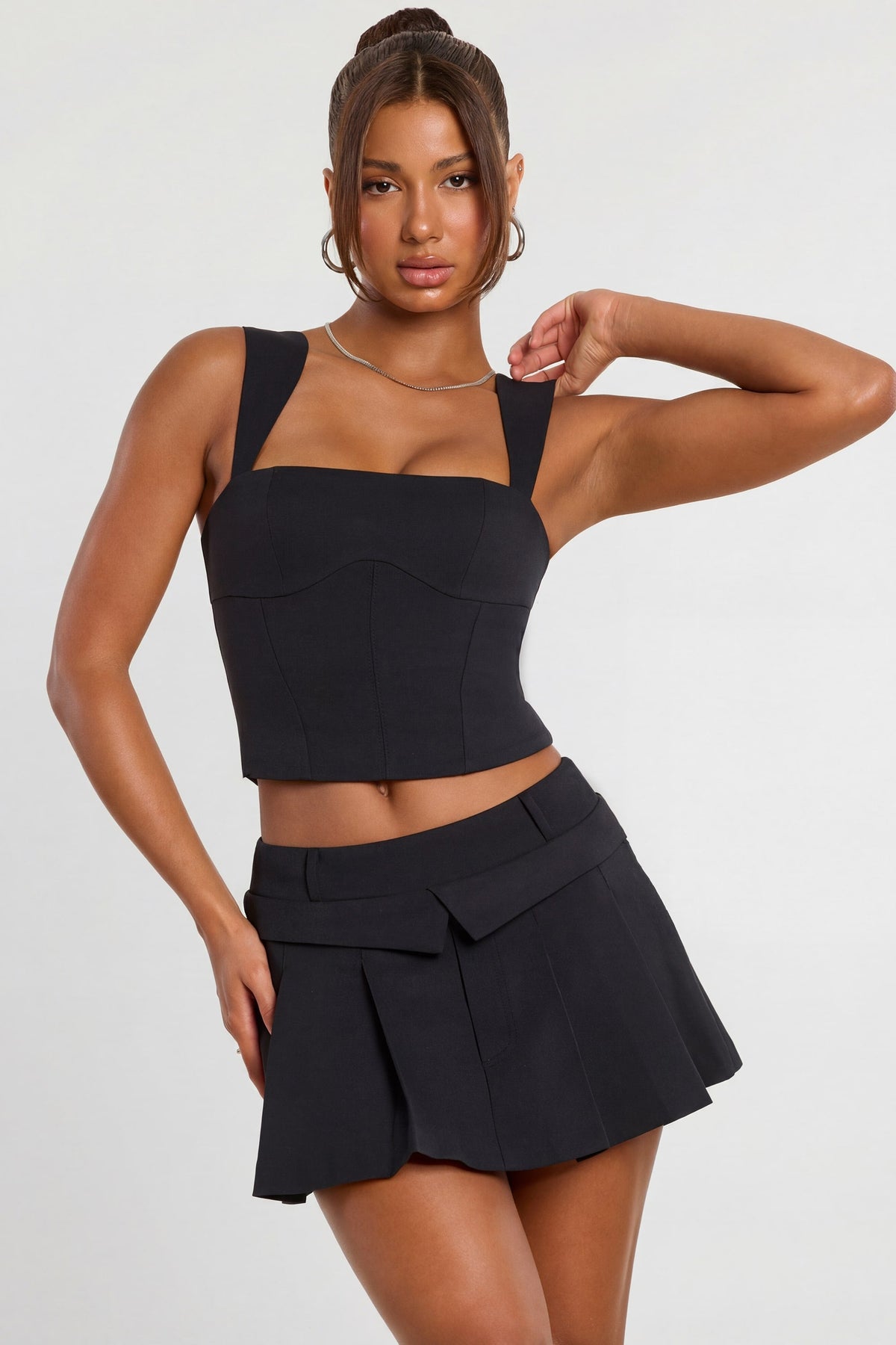 Brushed Twill Square Neck Tailored Top in Black