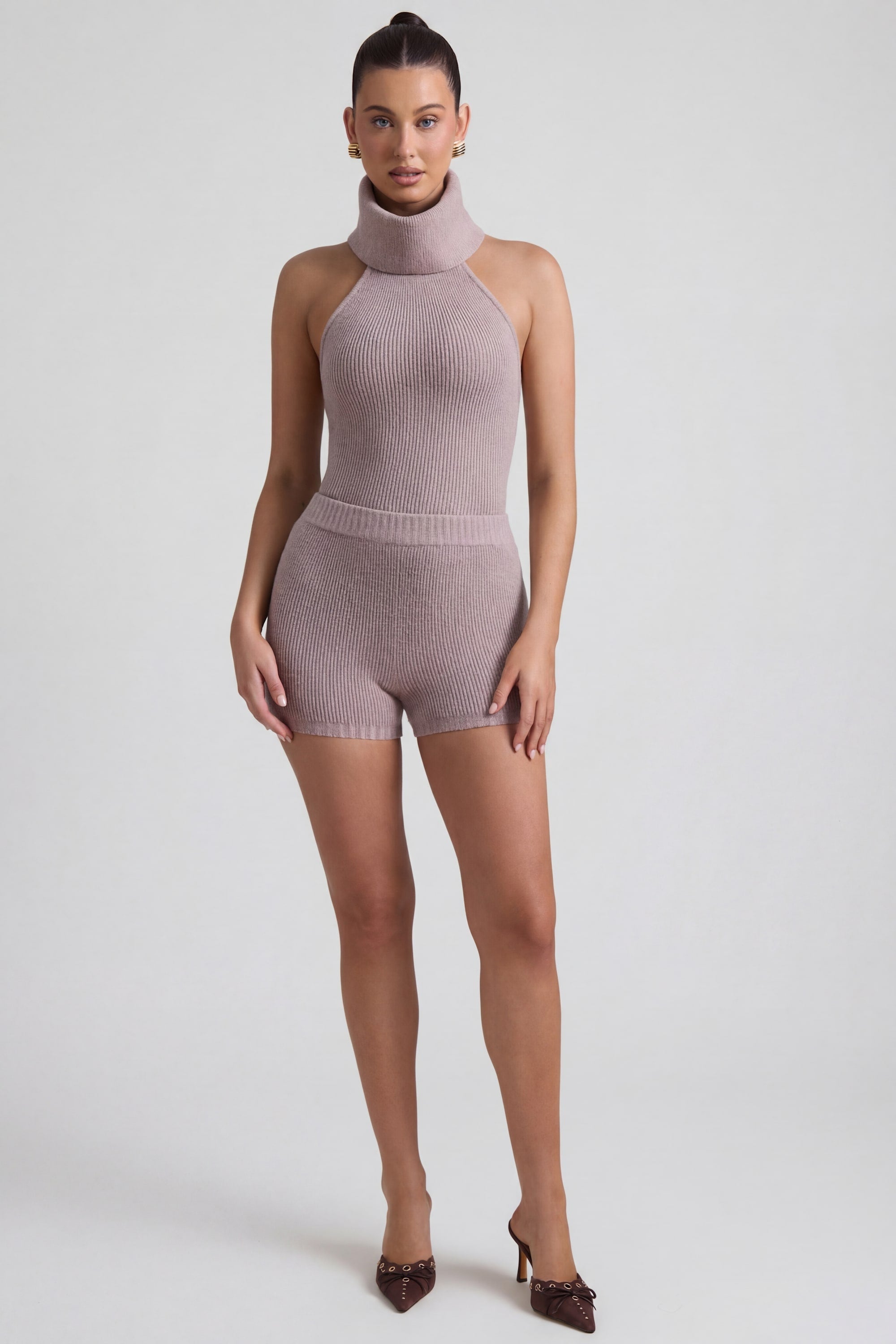 Ribbed-Knit Shorts in Taupe