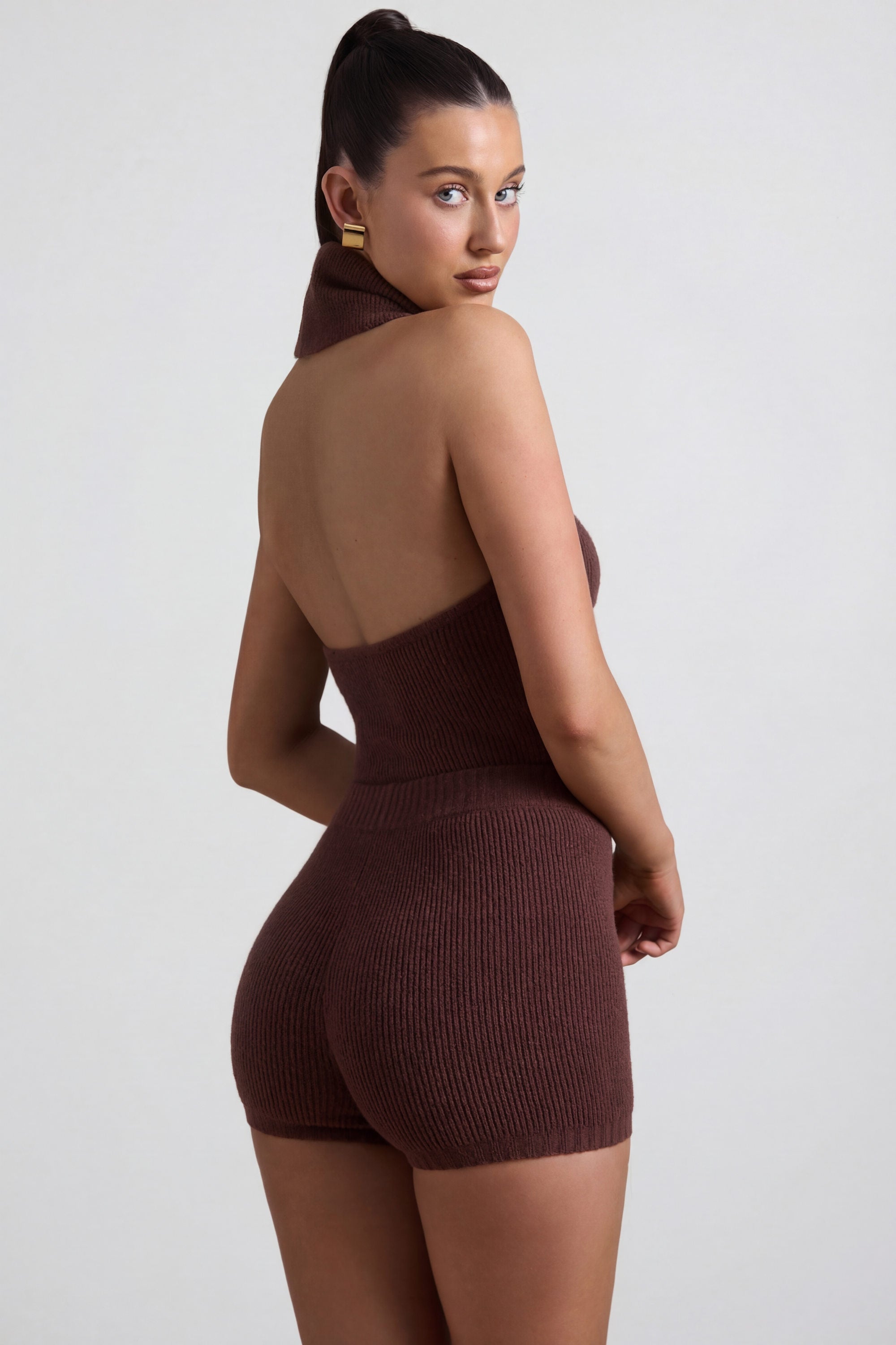 Ribbed-Knit Turtleneck Backless Top in Espresso