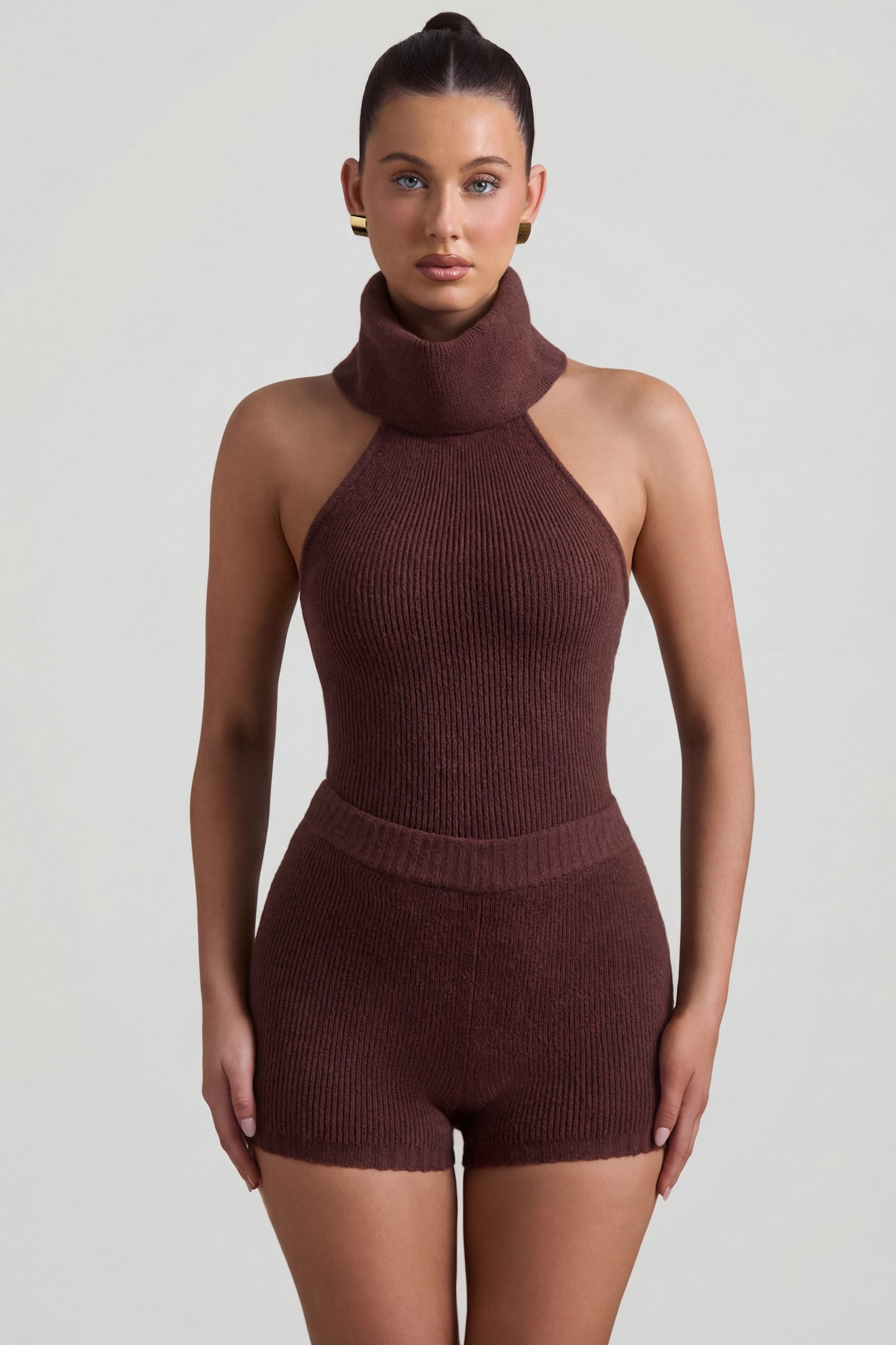 Ribbed-Knit Turtleneck Backless Top in Espresso