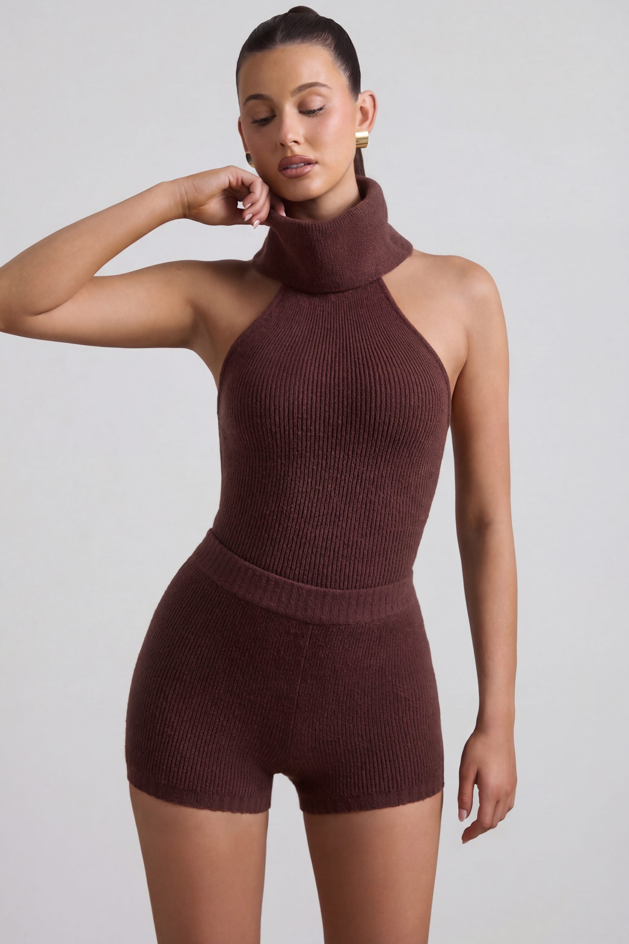 Ribbed-Knit Turtleneck Backless Top in Espresso