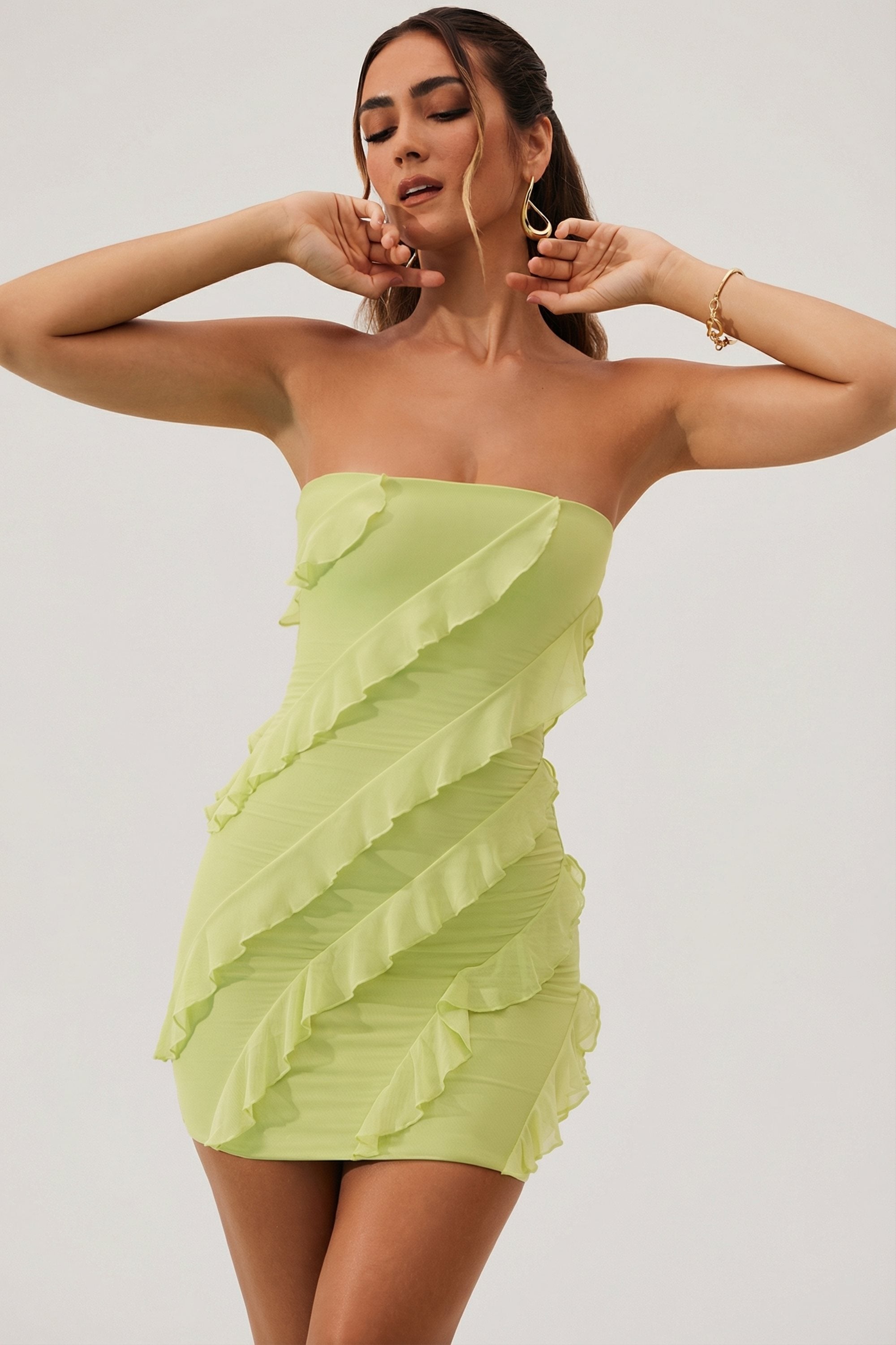 Bandeau Ruffle Detail Mini Dress in Lime Green