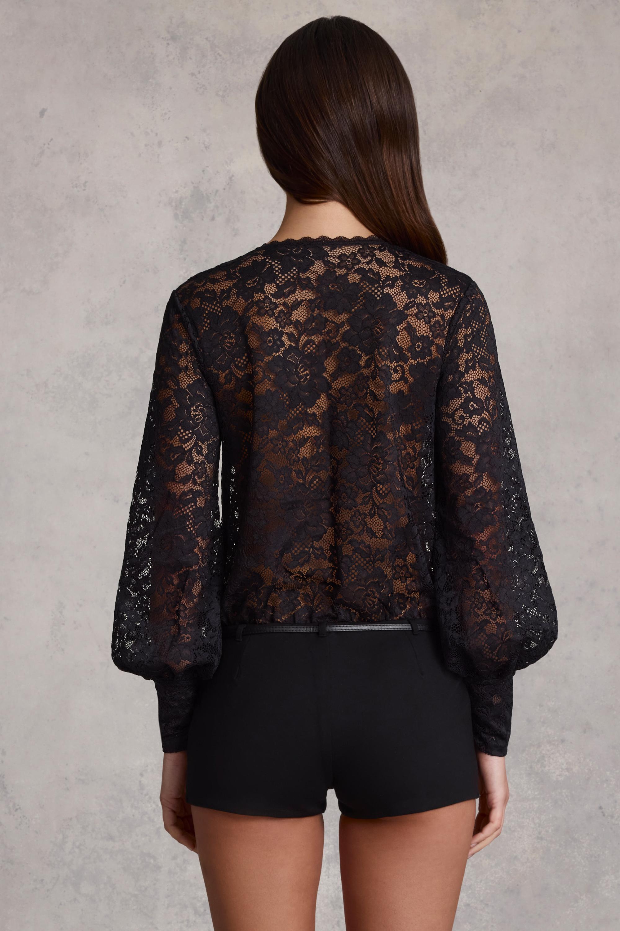 Sheer Lace Plunge-Neck Playsuit in Black